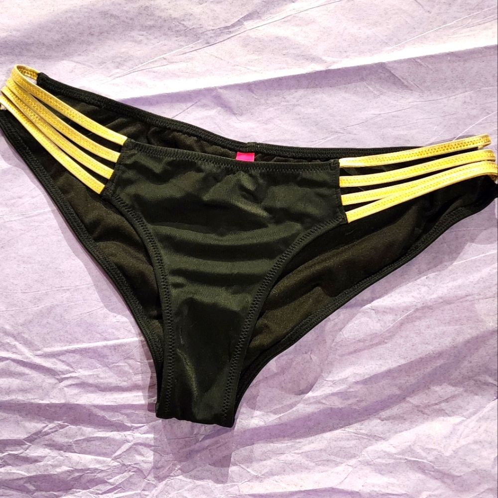 NEW! Victoria's Secret Black Gold Bikini Bottoms Peekaboo Gold Strap Sides